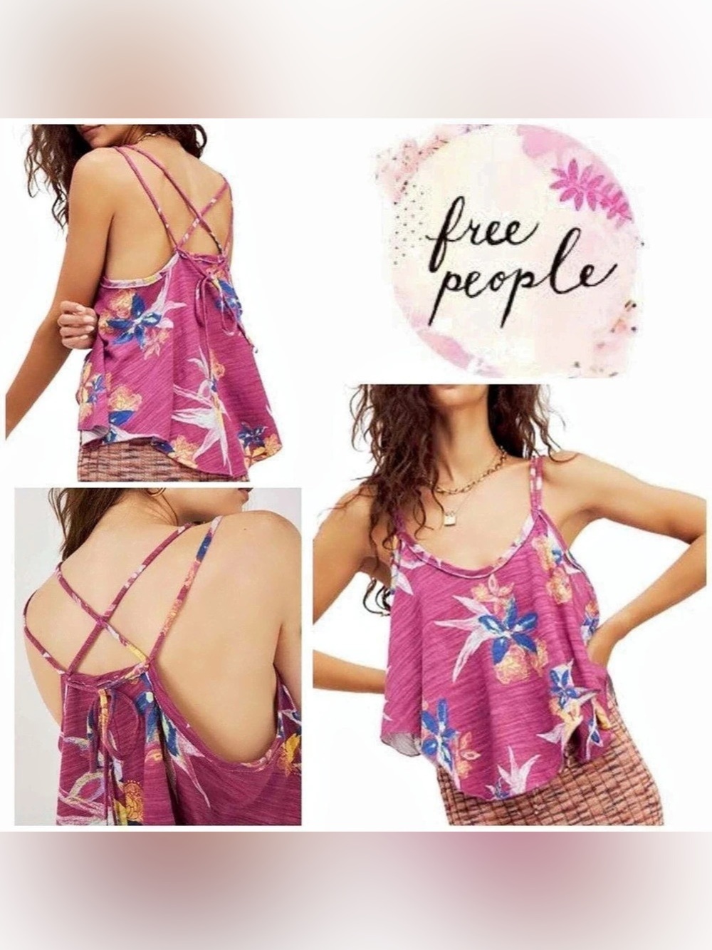 We The Free Floral Crisscross Strappy Tank in Purple/ Pink & Blue Size XS